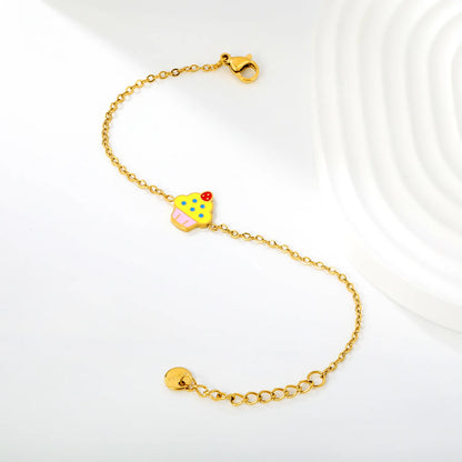 Colorful Enamel Cupcake Charm Adjustable Cable Chain Bracelet |  18K Gold Plated Stainless Steel Kids Dainty Wrist Chain | Wholesale MOQ 12