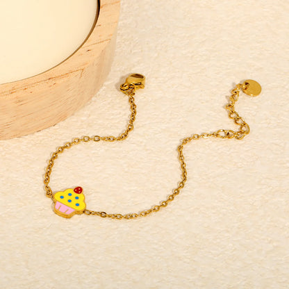 Colorful Enamel Cupcake Charm Adjustable Cable Chain Bracelet |  18K Gold Plated Stainless Steel Kids Dainty Wrist Chain | Wholesale MOQ 12