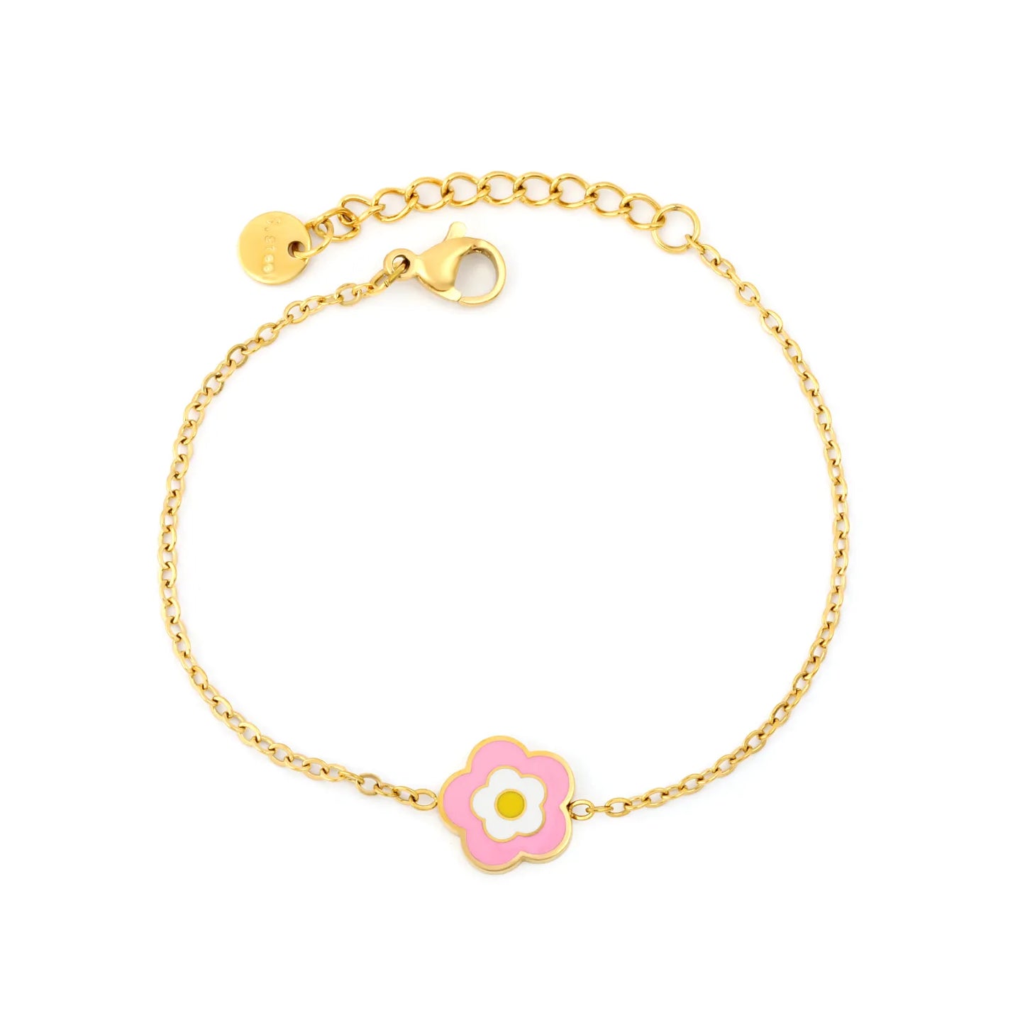 Two-Tone Pink Enamel Daisy Flower Adjustable Cable Chain Bracelet | 18K Gold Plated Hypoallergenic Stainless Steel Dainty Wrist Chain