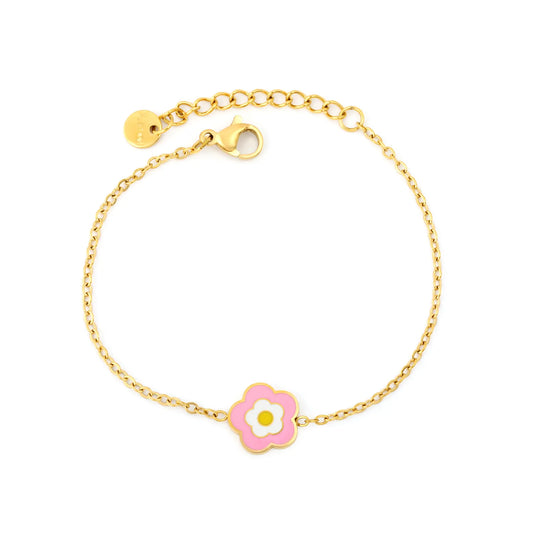 Two-Tone Pink Enamel Daisy Flower Adjustable Cable Chain Bracelet | 18K Gold Plated Hypoallergenic Stainless Steel Dainty Wrist Chain