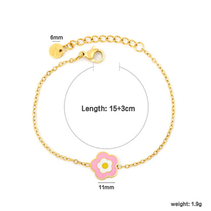 Two-Tone Pink Enamel Daisy Flower Adjustable Cable Chain Bracelet | 18K Gold Plated Hypoallergenic Stainless Steel Dainty Wrist Chain
