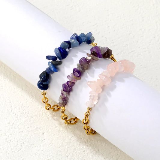 Natural Crystal Crushed Stone Paperclip Link Adjustable Bracelet | Irregular Gemstone Chips | 17+3cm | Amethyst Blue Sodalite Rose Quartz