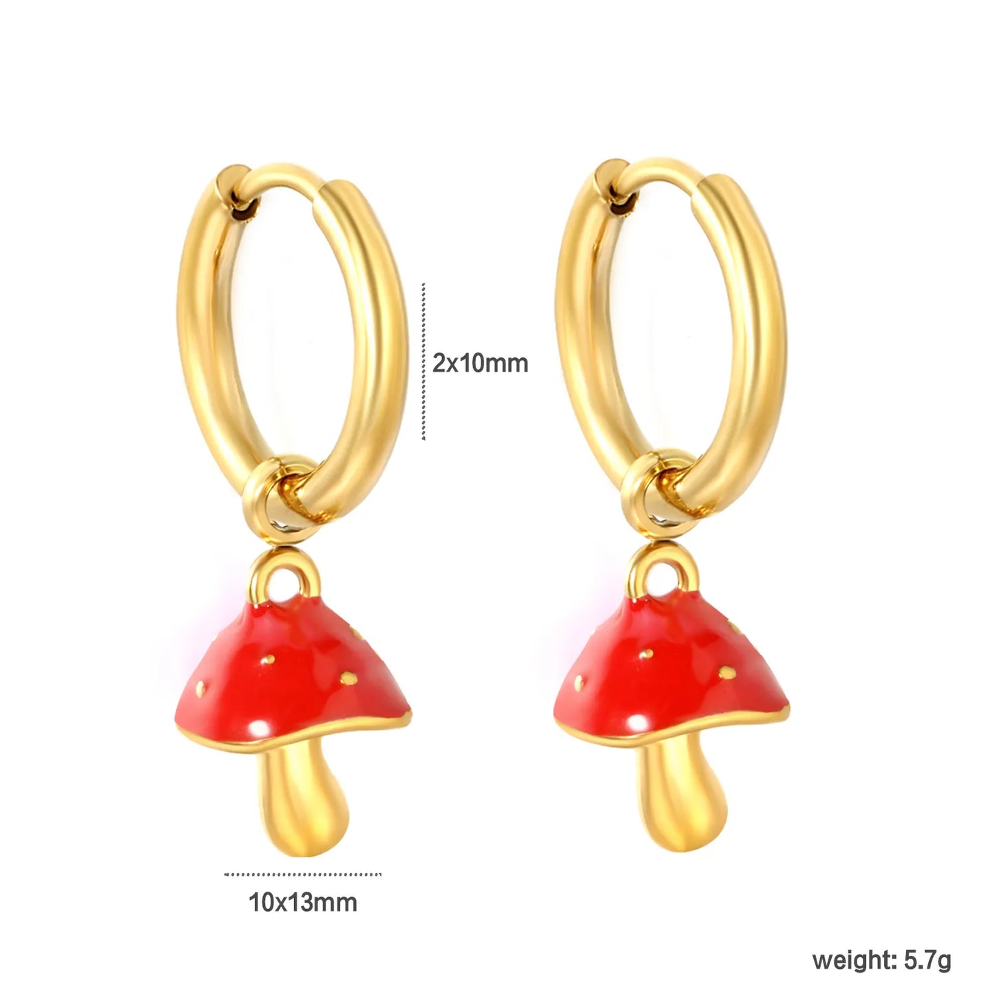 Red Enamel Spotted Mushroom Dangle Huggie Earrings | 18K Gold Plated Stainless Steel | Cute Fungus Charm Drop Hoops | Wholesale MOQ 12