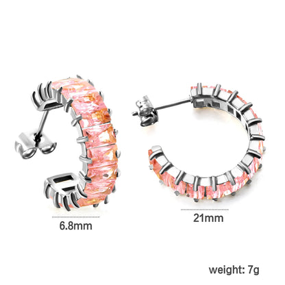 Gradient Pink Baguette CZ Half-Circle C-Hoop Stud Earrings | Silver Tennis Cuff Hoops | Wholesale MOQ 12