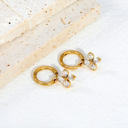 4-Leaf Pear CZ Flower Dangle Huggie Earrings 2×10mm Hoop | 18K Gold Plated Stainless Steel | Wholesale MOQ 12