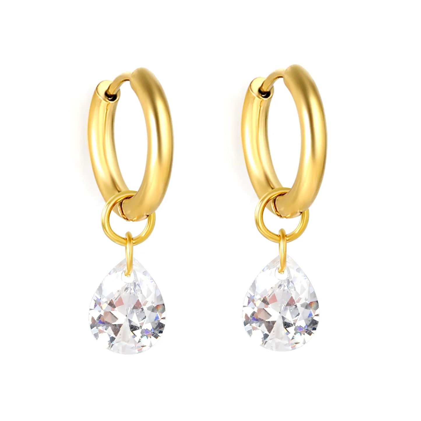 Pear Shape CZ Teardrop Dangle Huggie Earrings 2×10mm Hoop | 18K Gold Plated Stainless Steel | Clear Crystal Drop Hoops | Wholesale MOQ 12