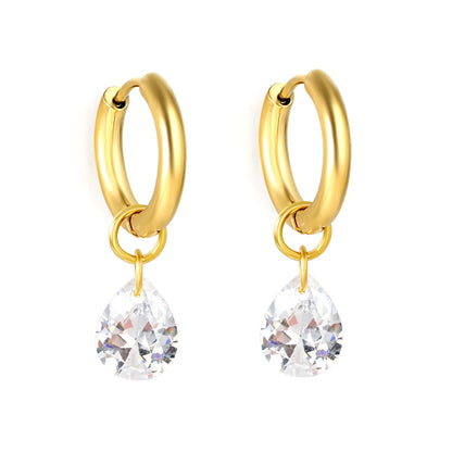 Pear Shape CZ Teardrop Dangle Huggie Earrings 2×10mm Hoop | 18K Gold Plated Stainless Steel | Clear Crystal Drop Hoops | Wholesale MOQ 12