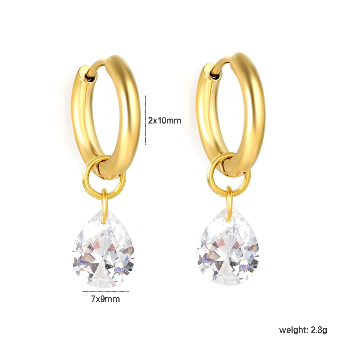 Pear Shape CZ Teardrop Dangle Huggie Earrings 2×10mm Hoop | 18K Gold Plated Stainless Steel | Clear Crystal Drop Hoops | Wholesale MOQ 12