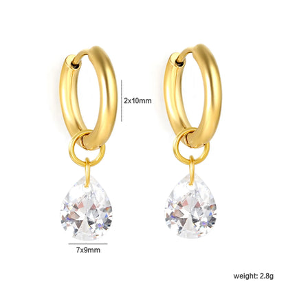 Pear Shape CZ Teardrop Dangle Huggie Earrings 2×10mm Hoop | 18K Gold Plated Stainless Steel | Clear Crystal Drop Hoops | Wholesale MOQ 12
