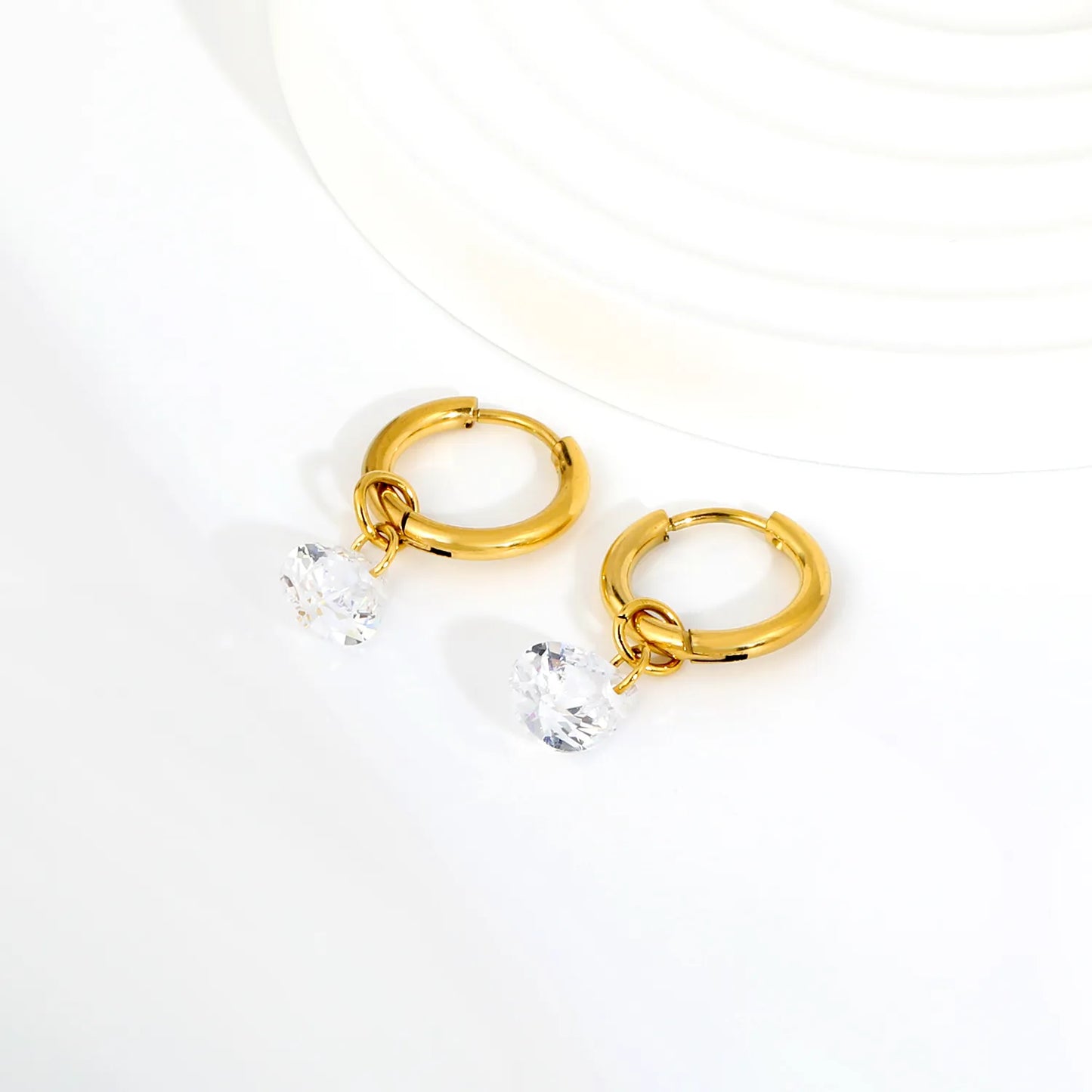 Pear Shape CZ Teardrop Dangle Huggie Earrings 2×10mm Hoop | 18K Gold Plated Stainless Steel | Clear Crystal Drop Hoops | Wholesale MOQ 12