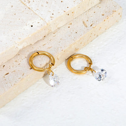 Pear Shape CZ Teardrop Dangle Huggie Earrings 2×10mm Hoop | 18K Gold Plated Stainless Steel | Clear Crystal Drop Hoops | Wholesale MOQ 12