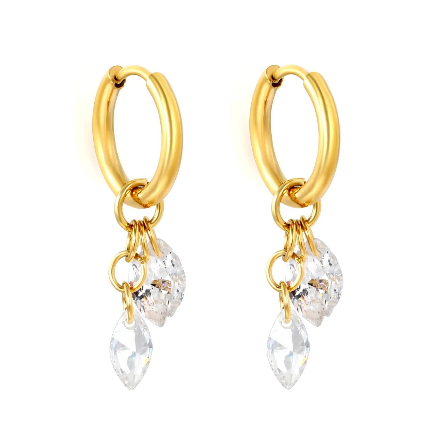 Dual Marquise CZ Cluster Dangle Huggie Earrings 2×10mm Hoop | 18K Gold Plated Stainless Steel | Double Clear Crystal Drop Hoops | Wholesale MOQ 12