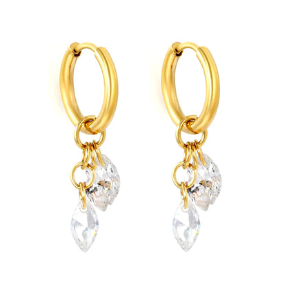 Dual Marquise CZ Cluster Dangle Huggie Earrings 2×10mm Hoop | 18K Gold Plated Stainless Steel | Double Clear Crystal Drop Hoops | Wholesale MOQ 12