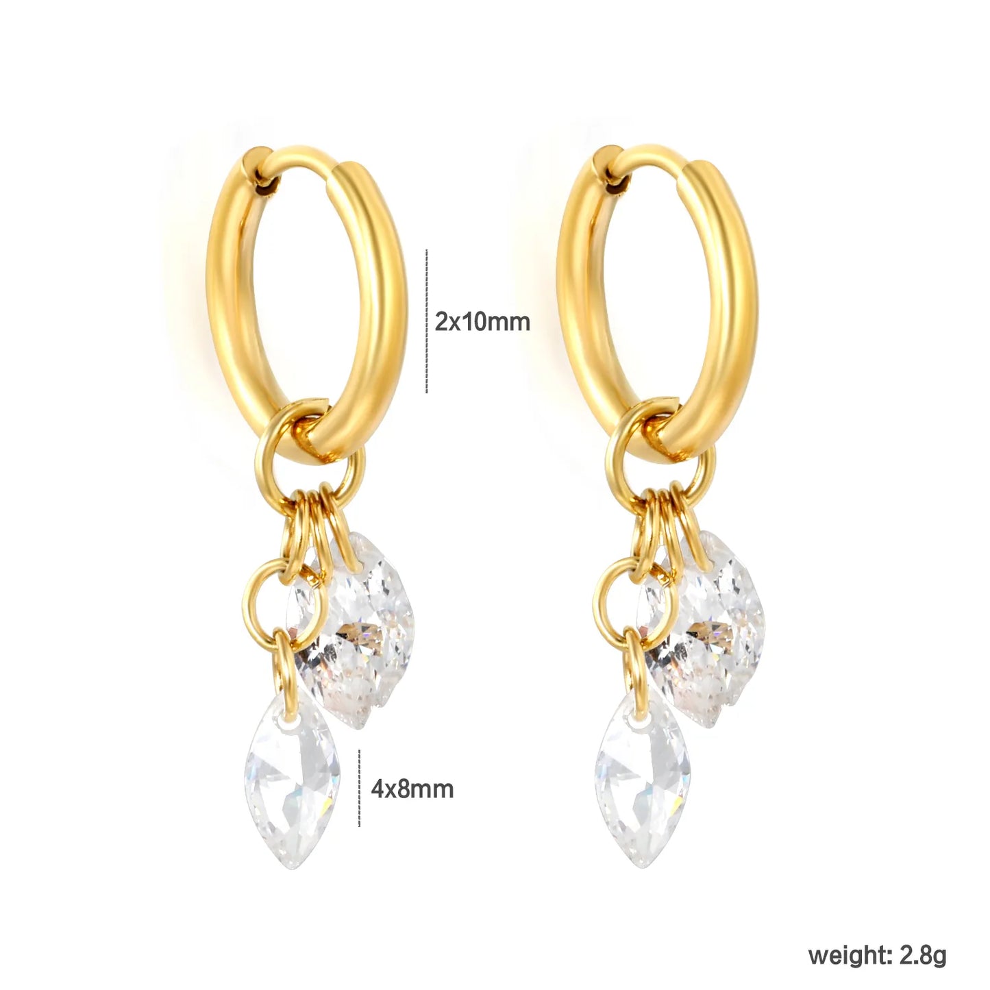 Dual Marquise CZ Cluster Dangle Huggie Earrings 2×10mm Hoop | 18K Gold Plated Stainless Steel | Double Clear Crystal Drop Hoops | Wholesale MOQ 12