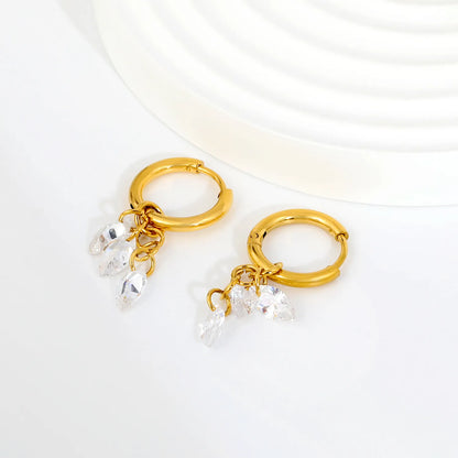 Dual Marquise CZ Cluster Dangle Huggie Earrings 2×10mm Hoop | 18K Gold Plated Stainless Steel | Double Clear Crystal Drop Hoops | Wholesale MOQ 12