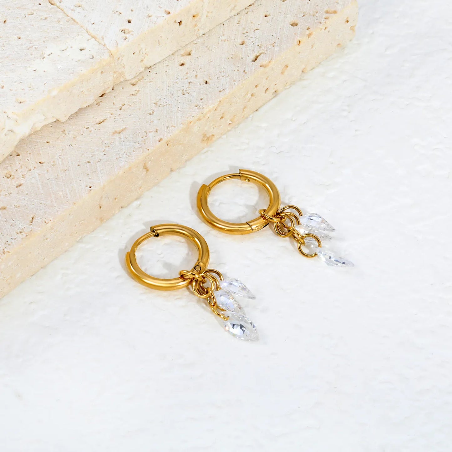 Dual Marquise CZ Cluster Dangle Huggie Earrings 2×10mm Hoop | 18K Gold Plated Stainless Steel | Double Clear Crystal Drop Hoops | Wholesale MOQ 12