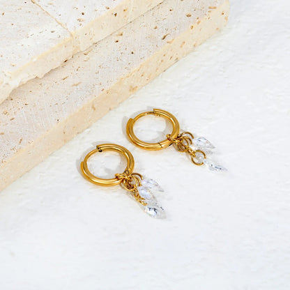 Dual Marquise CZ Cluster Dangle Huggie Earrings 2×10mm Hoop | 18K Gold Plated Stainless Steel | Double Clear Crystal Drop Hoops | Wholesale MOQ 12