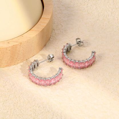 Gradient Pink Baguette CZ Half-Circle C-Hoop Stud Earrings | Silver Tennis Cuff Hoops | Wholesale MOQ 12