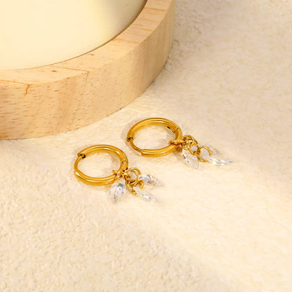 Dual Marquise CZ Cluster Dangle Huggie Earrings 2×10mm Hoop | 18K Gold Plated Stainless Steel | Double Clear Crystal Drop Hoops | Wholesale MOQ 12