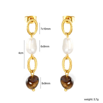 Twisted Oval Link Baroque Pearl & Tiger Eye Linear Drop Stud Earrings | 18K Gold Plated Stainless Steel | Natural Stone Layered Dangle Earrings | Wholesale MOQ 12