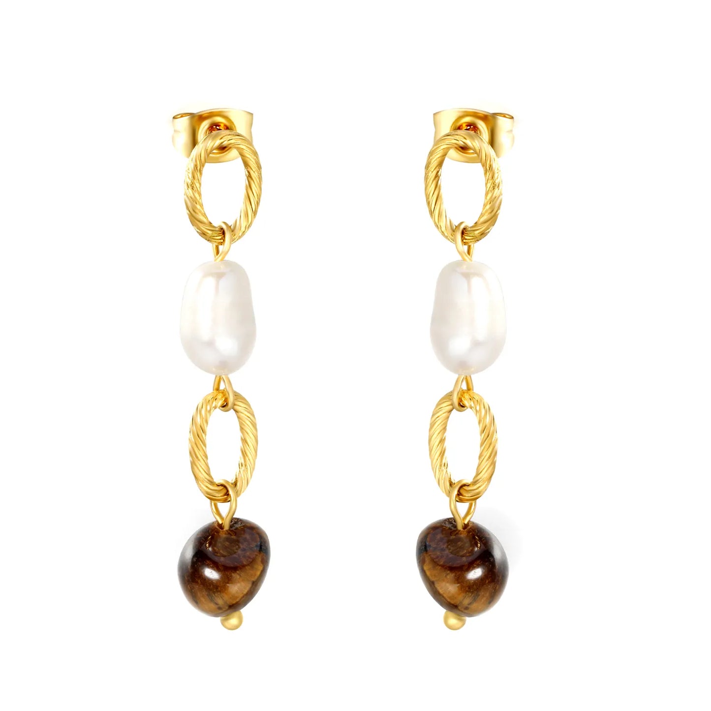 Twisted Oval Link Baroque Pearl & Tiger Eye Linear Drop Stud Earrings | 18K Gold Plated Stainless Steel | Natural Stone Layered Dangle Earrings | Wholesale MOQ 12