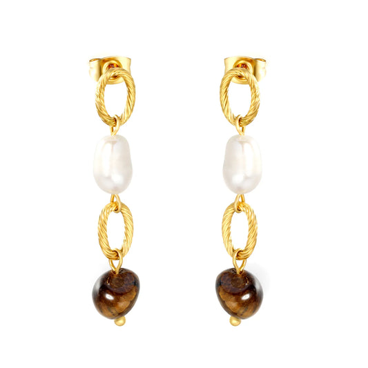 Twisted Oval Link Baroque Pearl & Tiger Eye Linear Drop Stud Earrings | 18K Gold Plated Stainless Steel | Natural Stone Layered Dangle Earrings | Wholesale MOQ 12