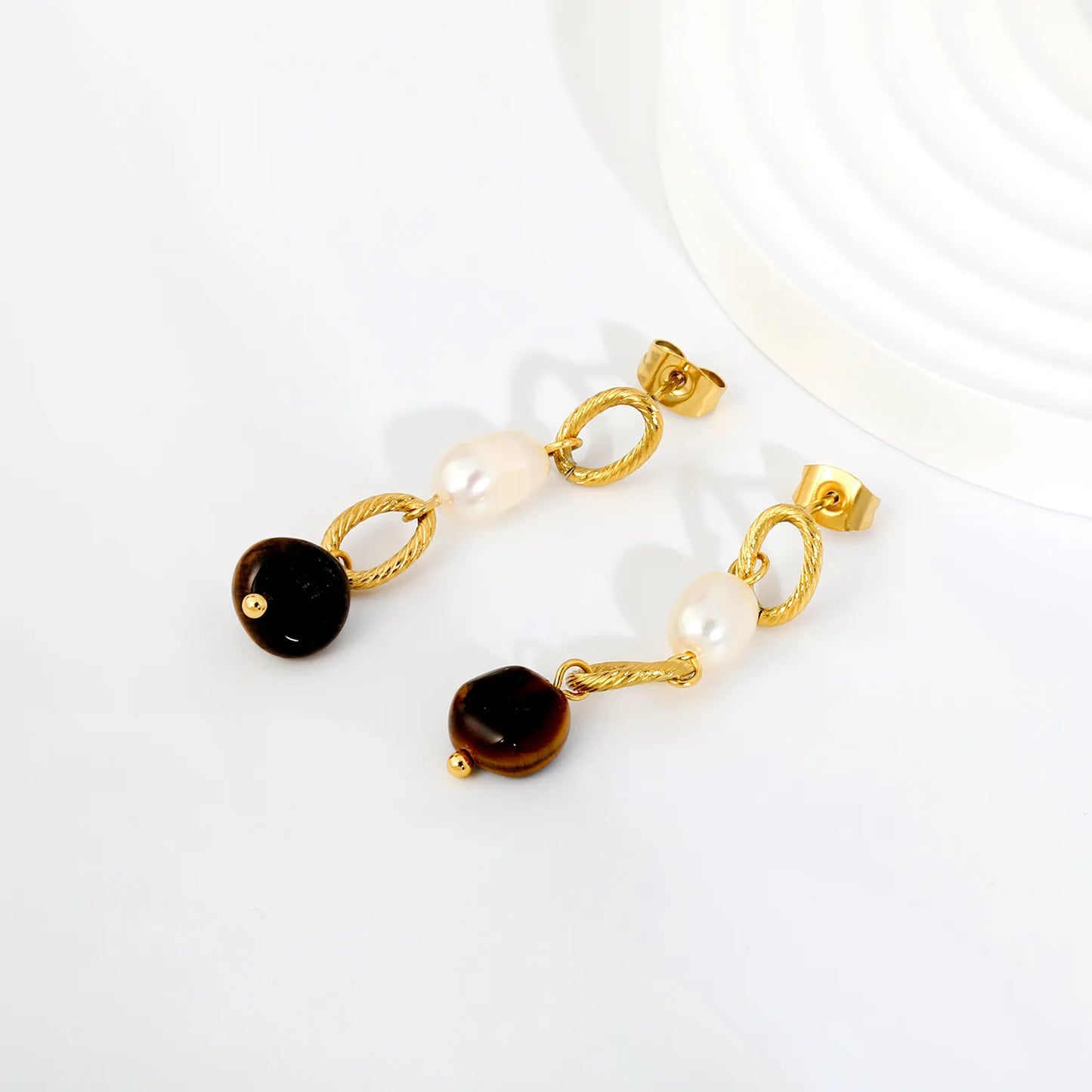 Twisted Oval Link Baroque Pearl & Tiger Eye Linear Drop Stud Earrings | 18K Gold Plated Stainless Steel | Natural Stone Layered Dangle Earrings | Wholesale MOQ 12
