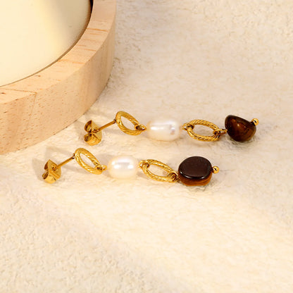 Twisted Oval Link Baroque Pearl & Tiger Eye Linear Drop Stud Earrings | 18K Gold Plated Stainless Steel | Natural Stone Layered Dangle Earrings | Wholesale MOQ 12