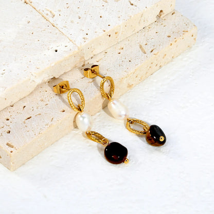 Twisted Oval Link Baroque Pearl & Tiger Eye Linear Drop Stud Earrings | 18K Gold Plated Stainless Steel | Natural Stone Layered Dangle Earrings | Wholesale MOQ 12