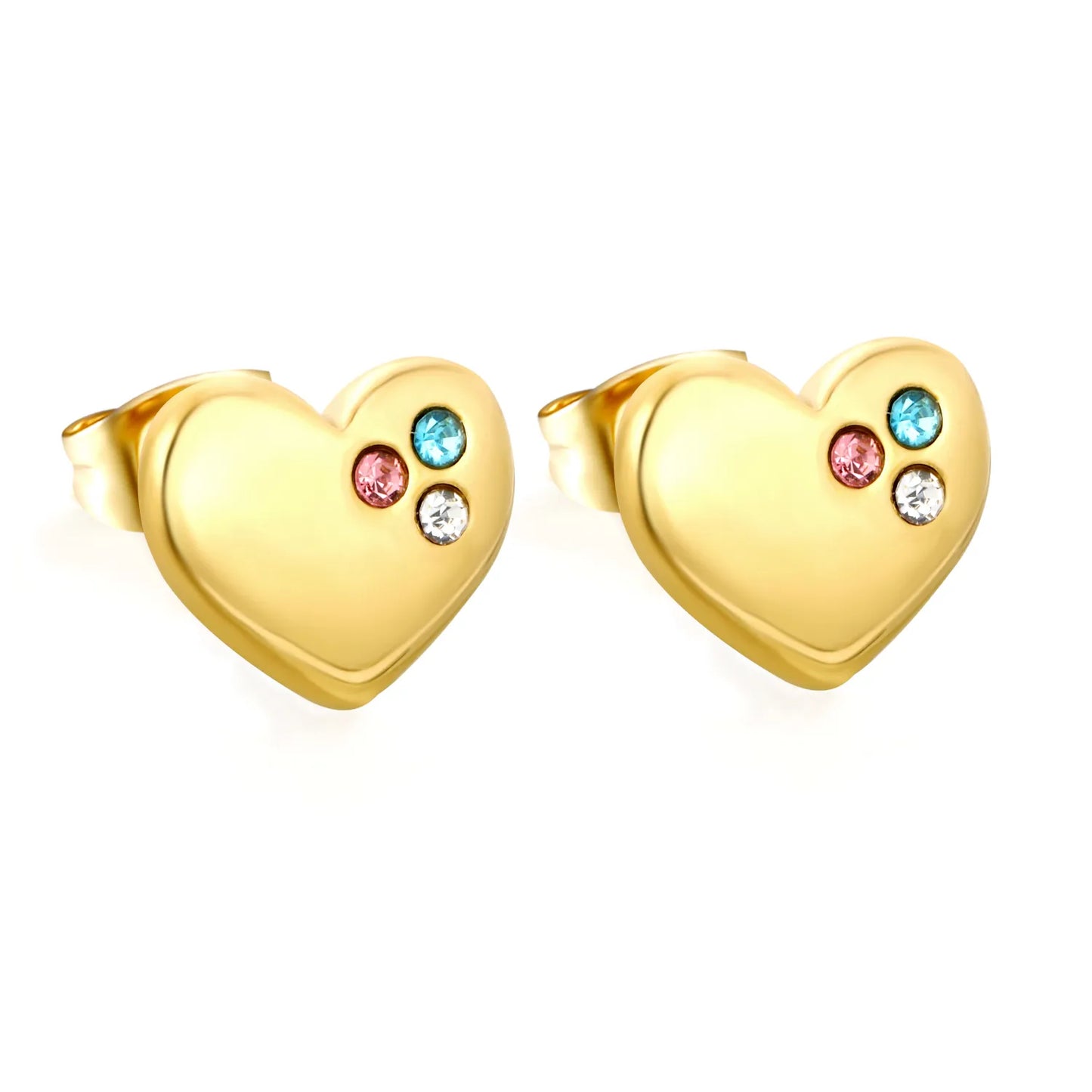 Tri-Color CZ Inlaid Solid Heart Stud Earrings | Multicolour Crystal Love Ear Studs | Wholesale MOQ 12
