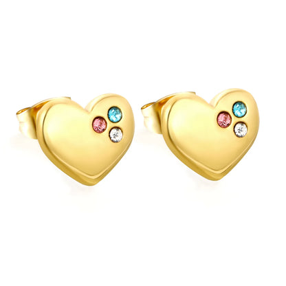 Tri-Color CZ Inlaid Solid Heart Stud Earrings | Multicolour Crystal Love Ear Studs | Wholesale MOQ 12
