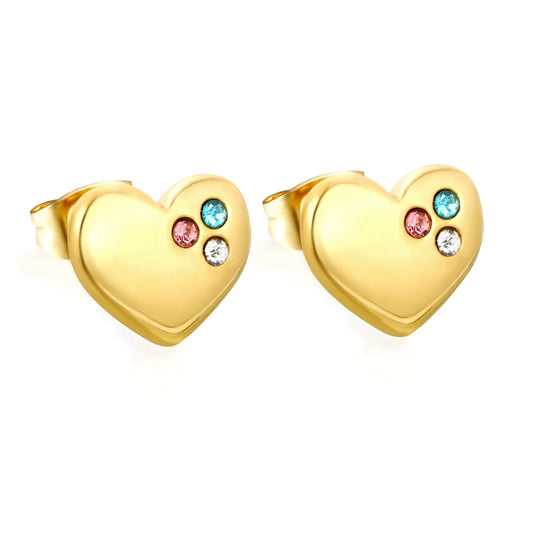 Tri-Color CZ Inlaid Solid Heart Stud Earrings | Multicolour Crystal Love Ear Studs | Wholesale MOQ 12