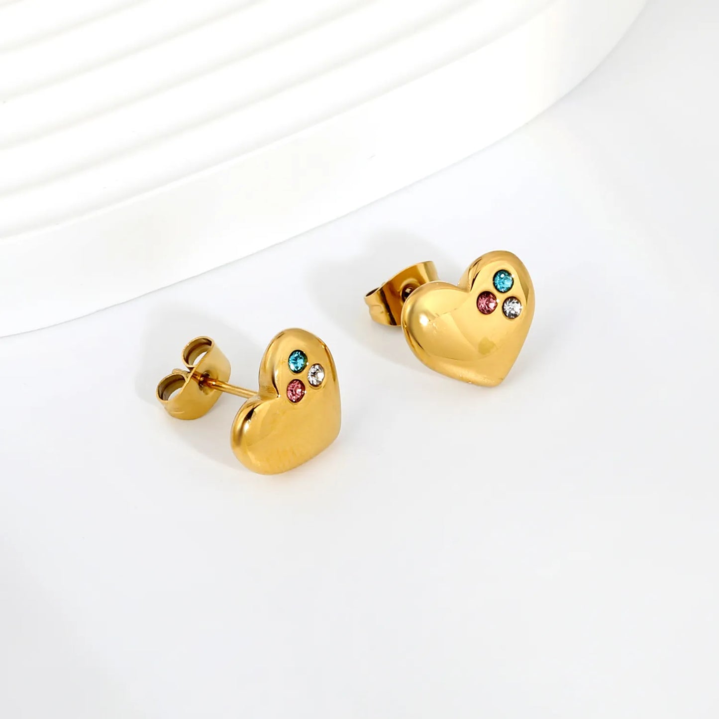 Tri-Color CZ Inlaid Solid Heart Stud Earrings | Multicolour Crystal Love Ear Studs | Wholesale MOQ 12