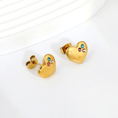 Tri-Color CZ Inlaid Solid Heart Stud Earrings | Multicolour Crystal Love Ear Studs | Wholesale MOQ 12