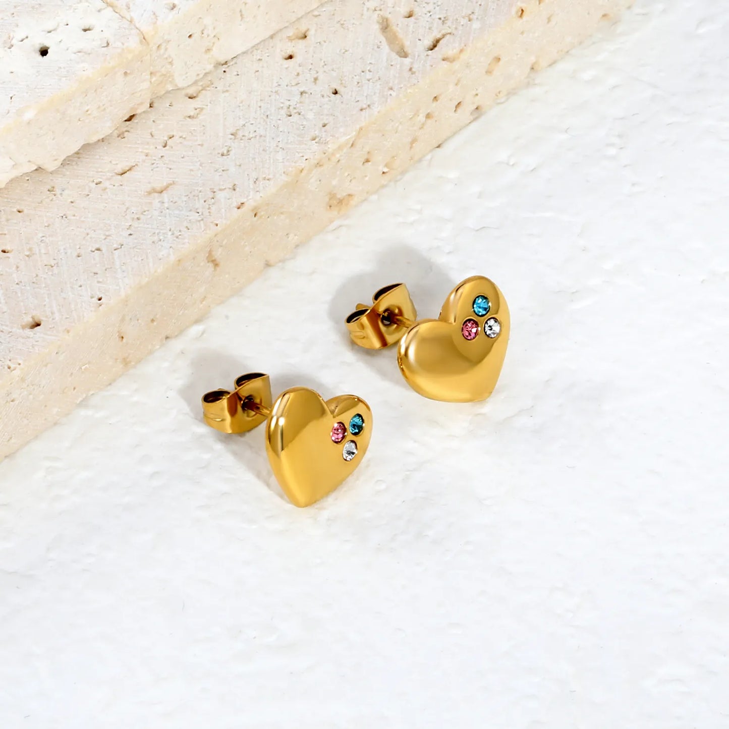 Tri-Color CZ Inlaid Solid Heart Stud Earrings | Multicolour Crystal Love Ear Studs | Wholesale MOQ 12