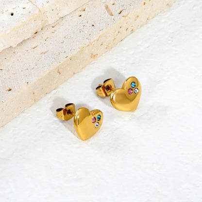 Tri-Color CZ Inlaid Solid Heart Stud Earrings | Multicolour Crystal Love Ear Studs | Wholesale MOQ 12