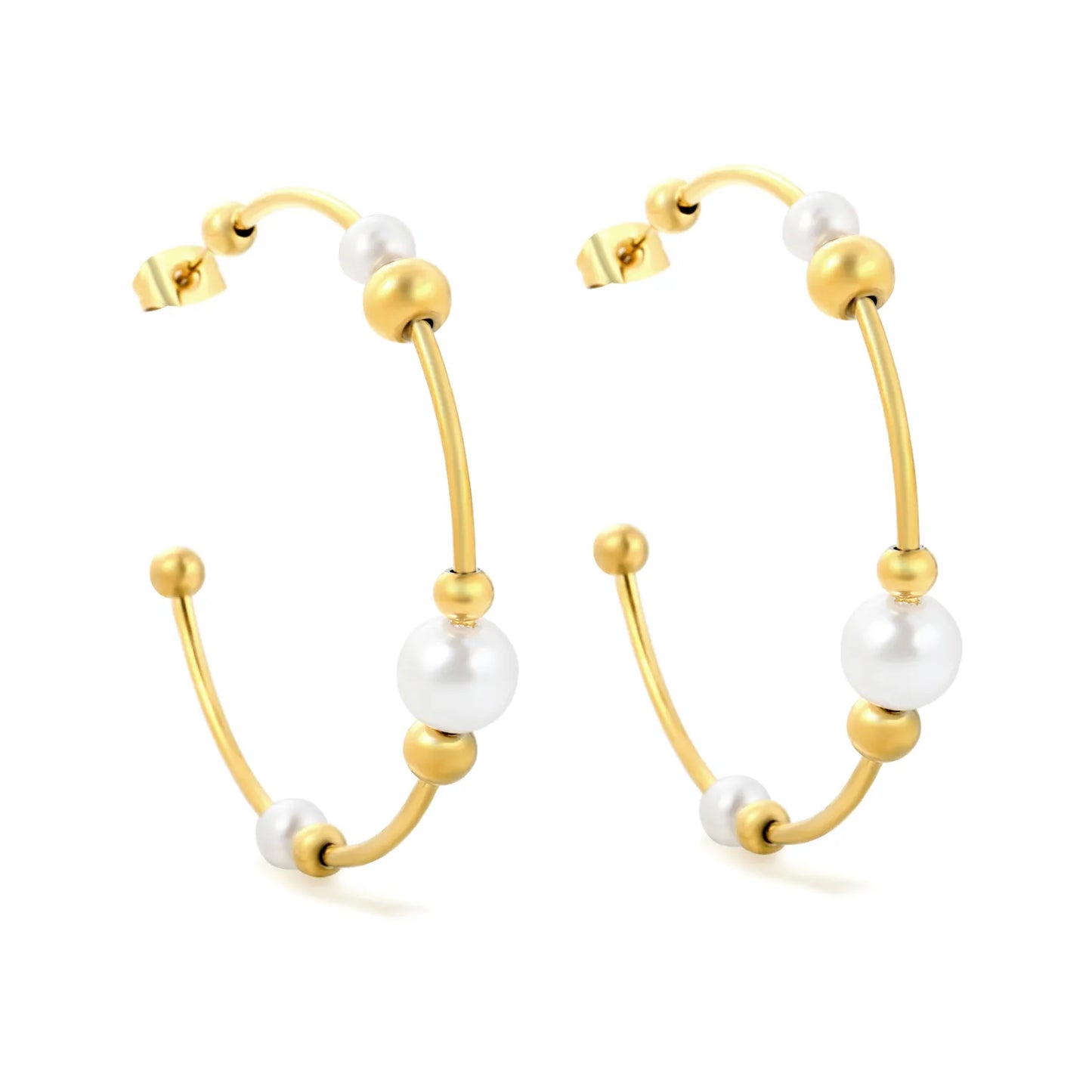 Multi-Size Pearl & Bead Open Hoop Earrings 1.5×47.5mm | 18K Gold Plated Stainless Steel | Hypoallergenic Dainty Hoops | Wholesale MOQ 12