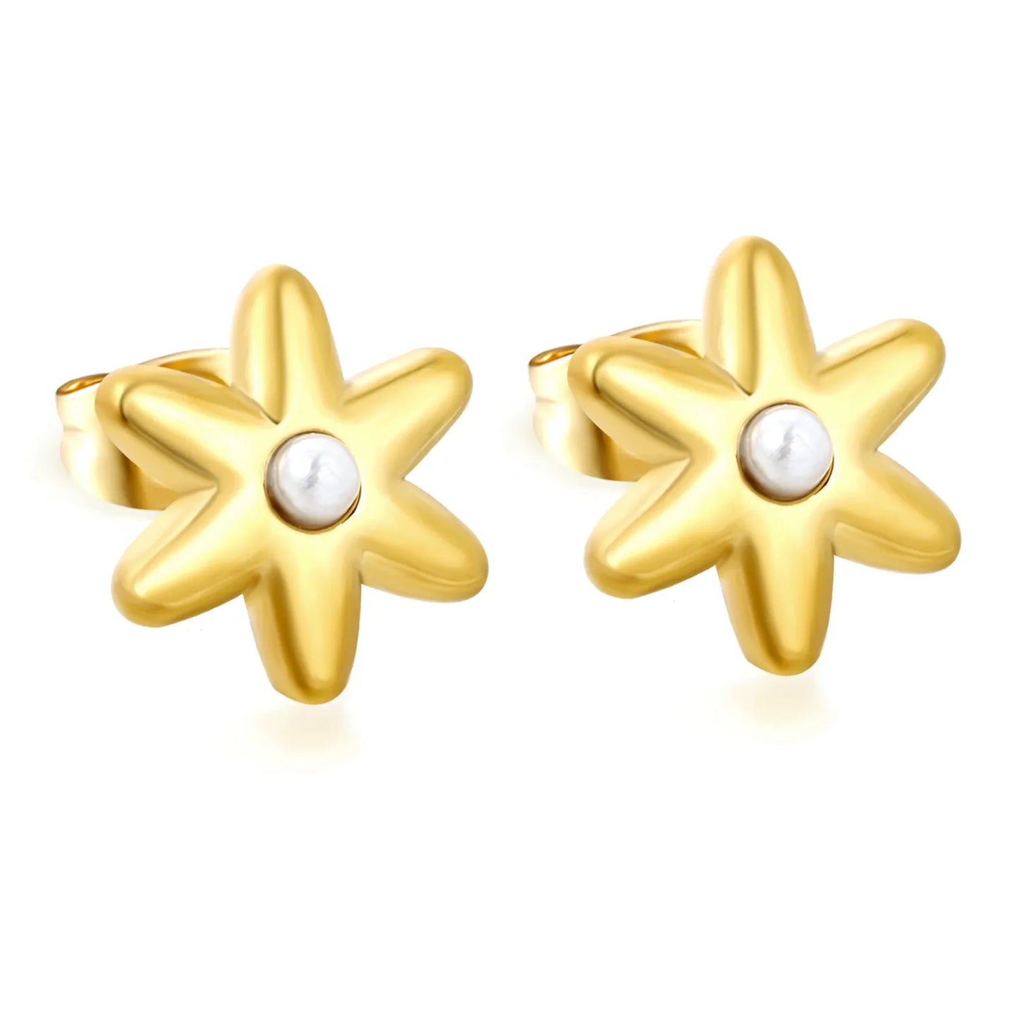 Puffy Six-Petal Flower Pearl Huggie Earrings | Gold & Silver | Solid Floral Pearl Snap Hoops | Wholesale MOQ 12