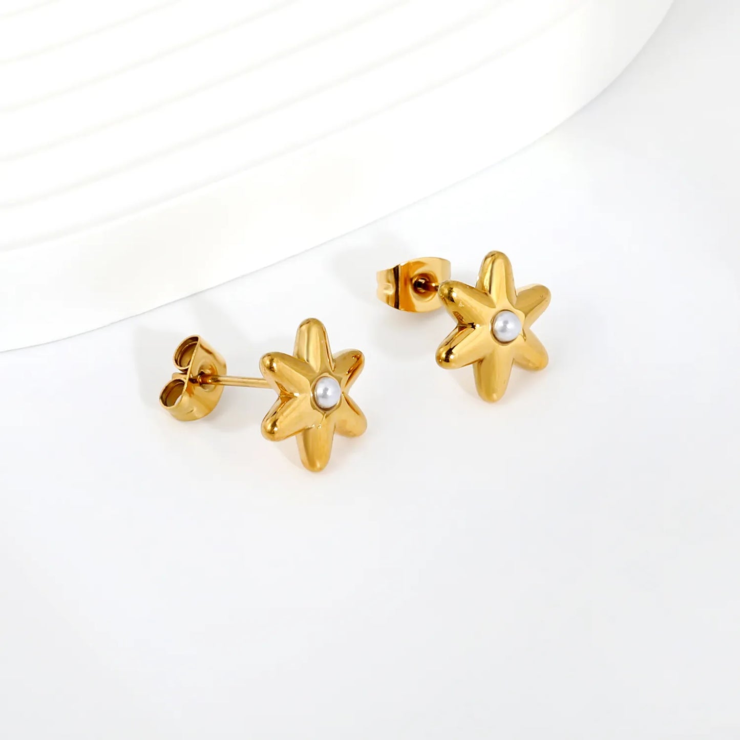 Puffy Six-Petal Flower Pearl Huggie Earrings | Gold & Silver | Solid Floral Pearl Snap Hoops | Wholesale MOQ 12