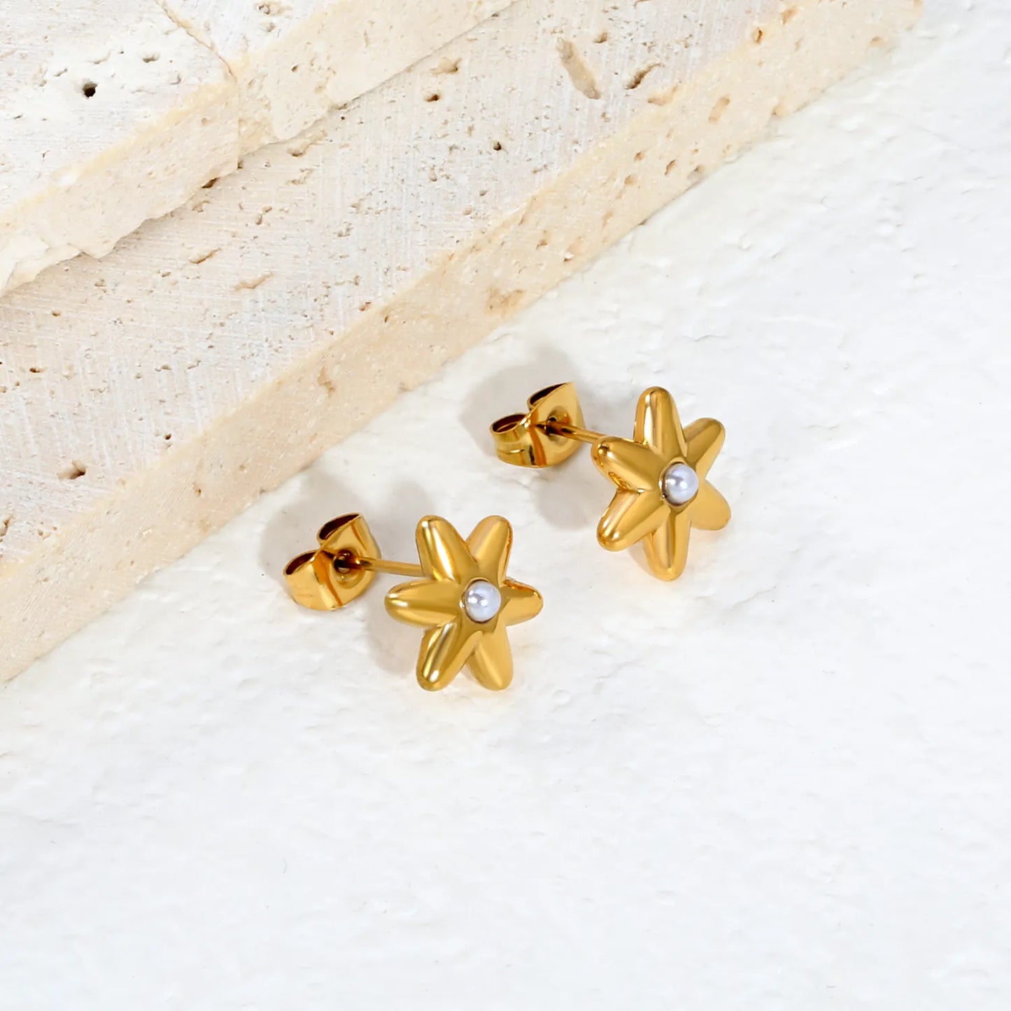 Puffy Six-Petal Flower Pearl Huggie Earrings | Gold & Silver | Solid Floral Pearl Snap Hoops | Wholesale MOQ 12