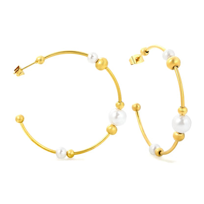 Multi-Size Pearl & Bead Open Hoop Earrings 1.5×47.5mm | 18K Gold Plated Stainless Steel | Hypoallergenic Dainty Hoops | Wholesale MOQ 12