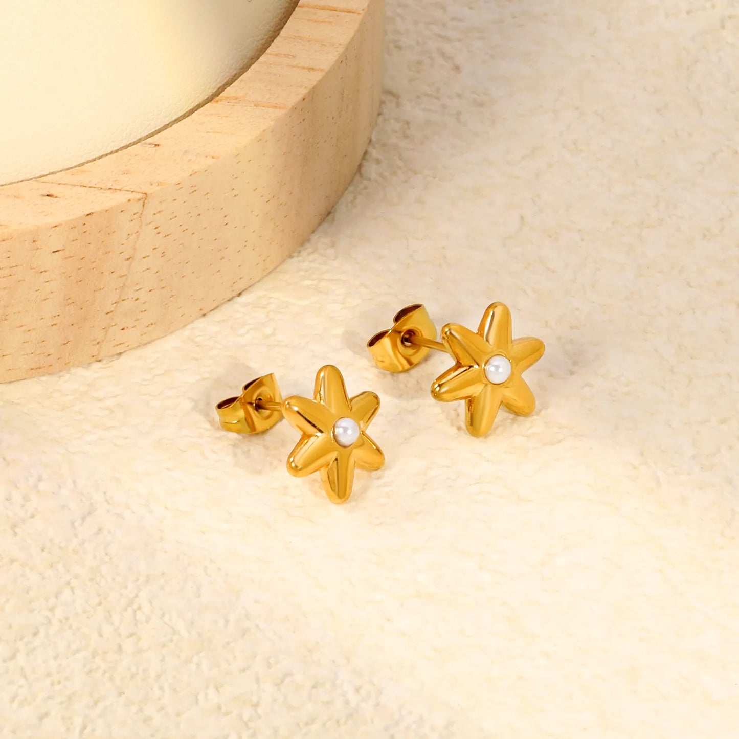 Puffy Six-Petal Flower Pearl Huggie Earrings | Gold & Silver | Solid Floral Pearl Snap Hoops | Wholesale MOQ 12