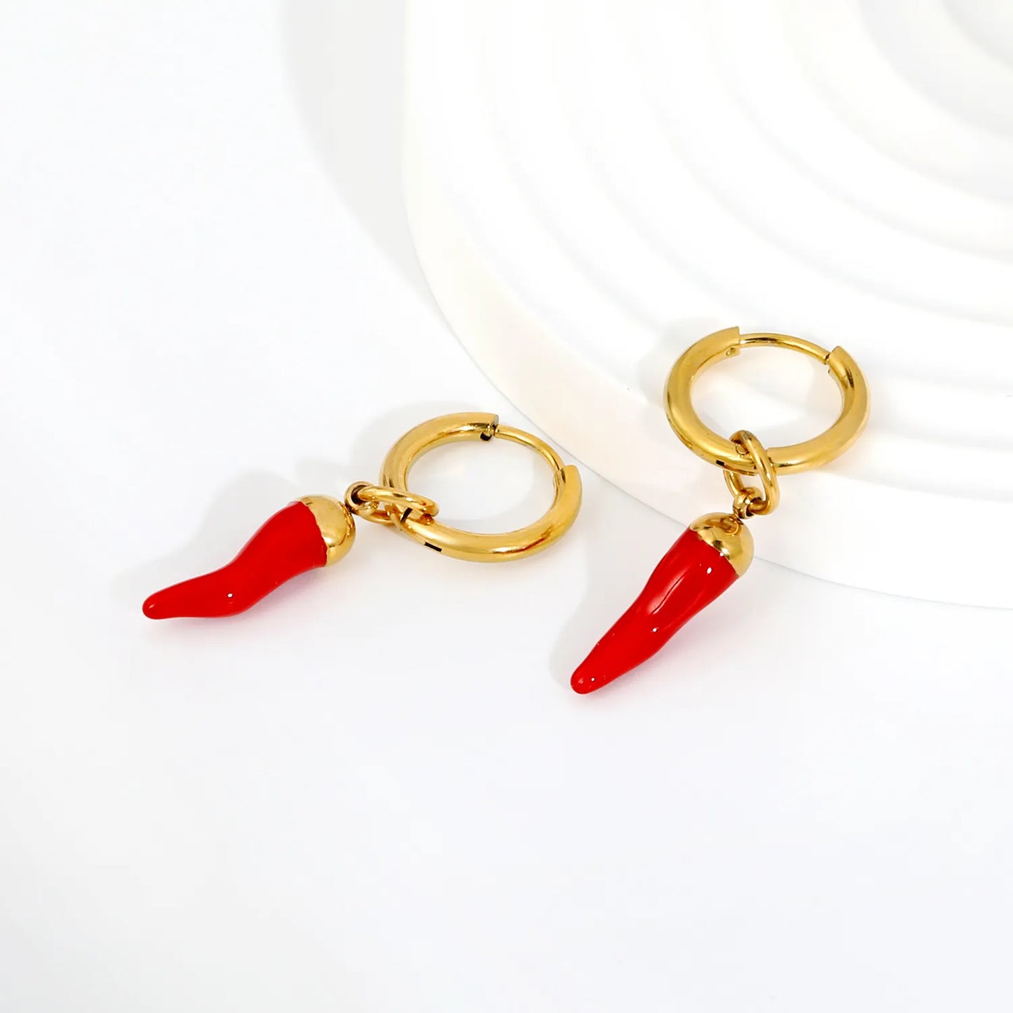 Red Enamel Chili Pepper Dangle Huggie Earrings 2×10mm Hoop | 18K Gold Plated Stainless Steel | Novelty Vegetable Drop Hoops | Wholesale MOQ 12