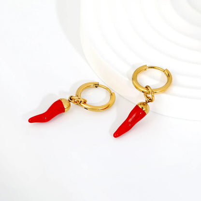 Red Enamel Chili Pepper Dangle Huggie Earrings 2×10mm Hoop | 18K Gold Plated Stainless Steel | Novelty Vegetable Drop Hoops | Wholesale MOQ 12