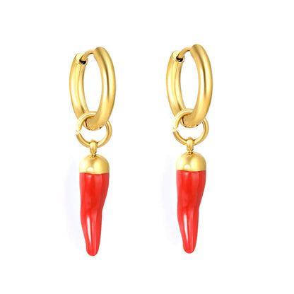 Red Enamel Chili Pepper Dangle Huggie Earrings 2×10mm Hoop | 18K Gold Plated Stainless Steel | Novelty Vegetable Drop Hoops | Wholesale MOQ 12