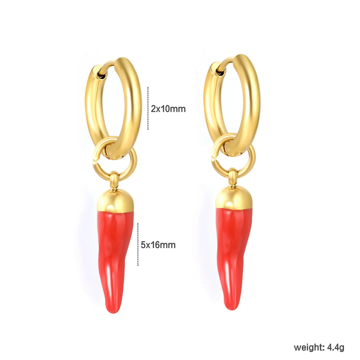 Red Enamel Chili Pepper Dangle Huggie Earrings 2×10mm Hoop | 18K Gold Plated Stainless Steel | Novelty Vegetable Drop Hoops | Wholesale MOQ 12