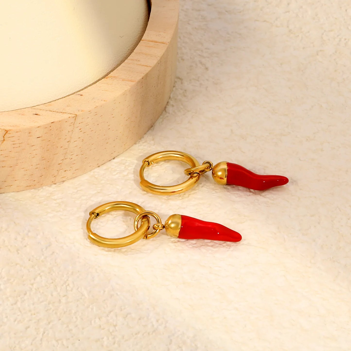 Red Enamel Chili Pepper Dangle Huggie Earrings 2×10mm Hoop | 18K Gold Plated Stainless Steel | Novelty Vegetable Drop Hoops | Wholesale MOQ 12
