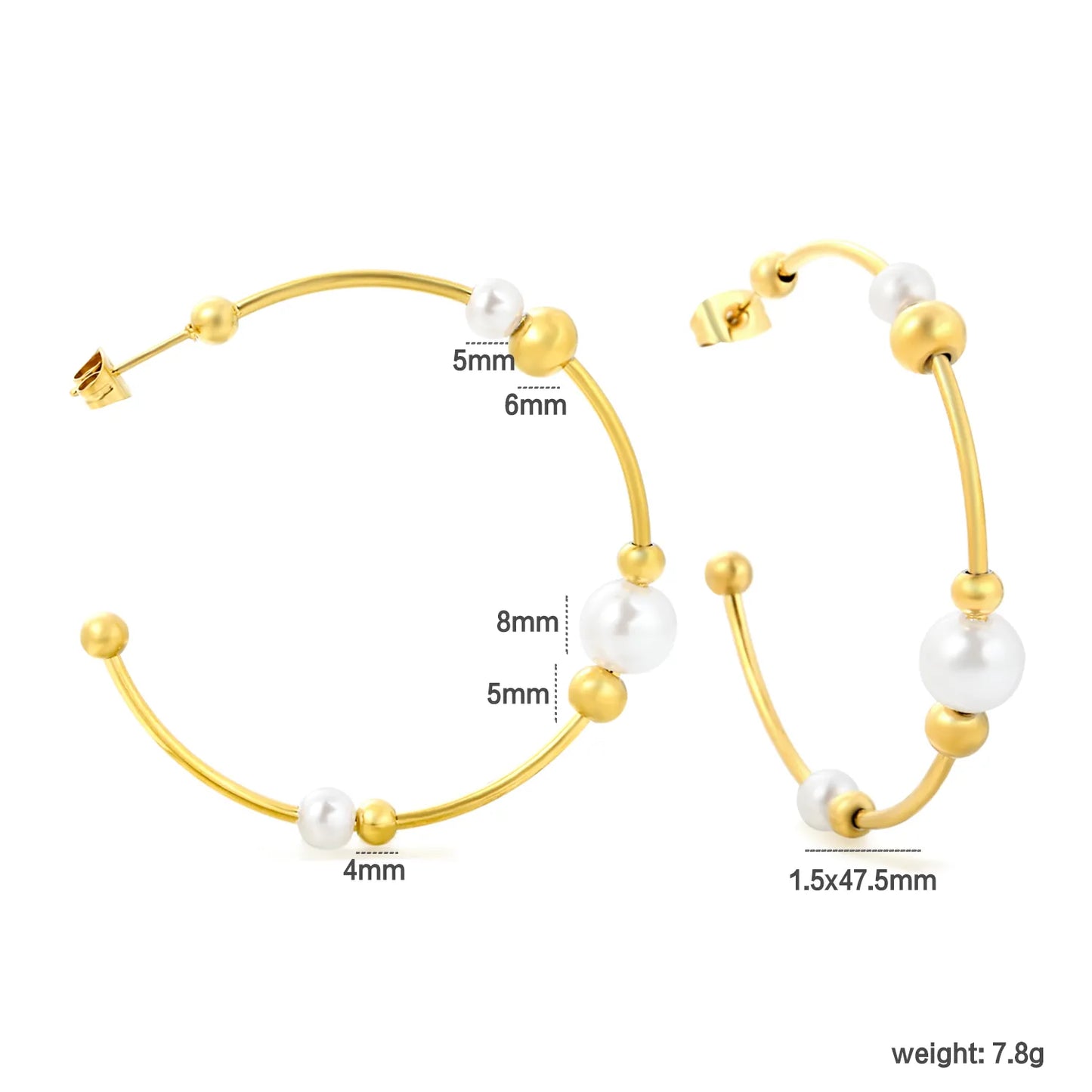 Multi-Size Pearl & Bead Open Hoop Earrings 1.5×47.5mm | 18K Gold Plated Stainless Steel | Hypoallergenic Dainty Hoops | Wholesale MOQ 12