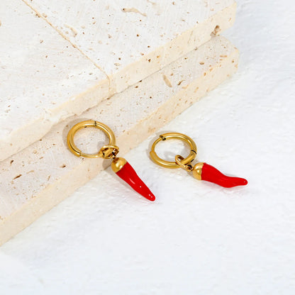 Red Enamel Chili Pepper Dangle Huggie Earrings 2×10mm Hoop | 18K Gold Plated Stainless Steel | Novelty Vegetable Drop Hoops | Wholesale MOQ 12