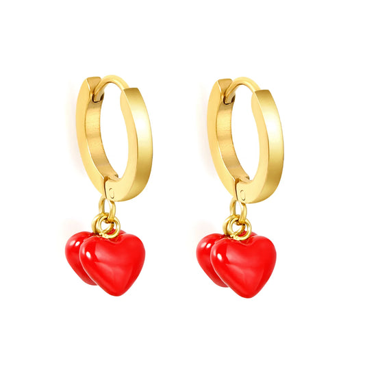 Glossy Red Enamel Double Heart Dangle Huggie Earrings | 18K Gold Plated Stainless Steel | Twin Red Love Charm Drop Hoops | Wholesale MOQ 12